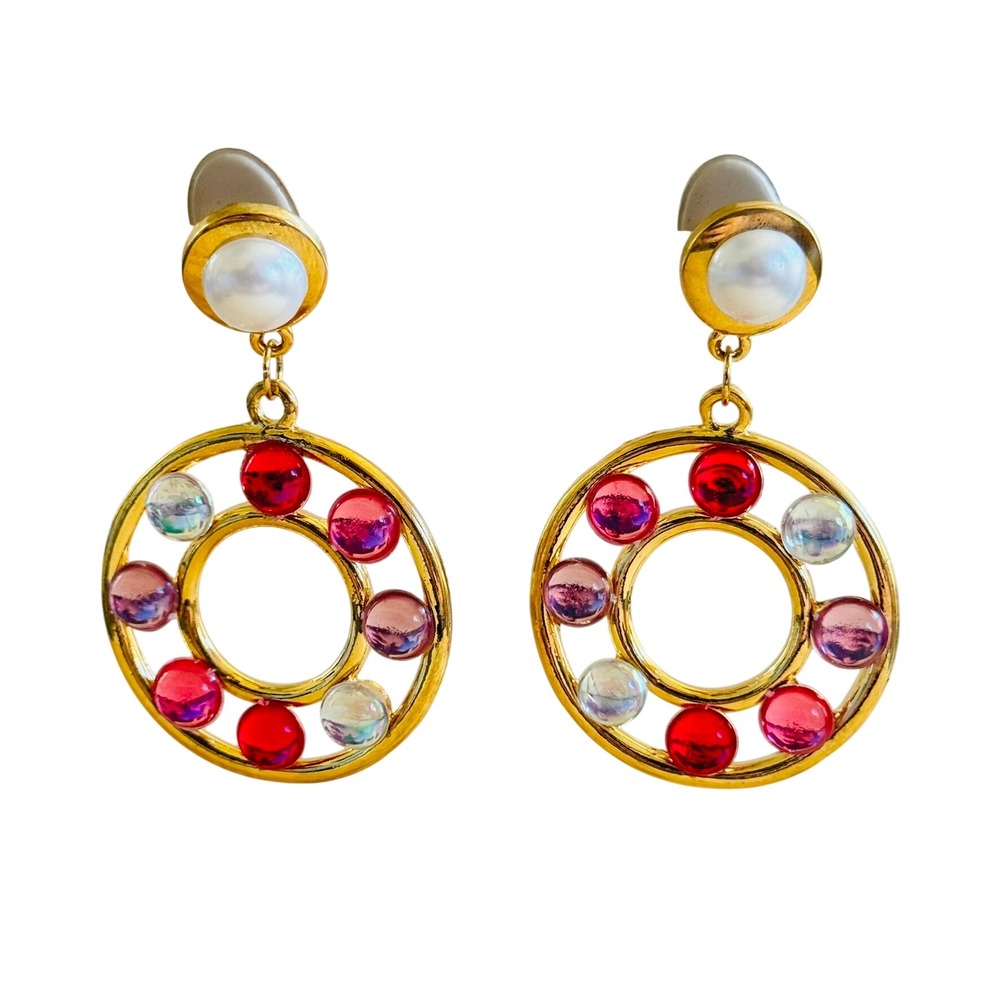 VTG Runway Chunky Clip Hoop Earrings Statement Dangle Pink Cabochon 80s Pearl